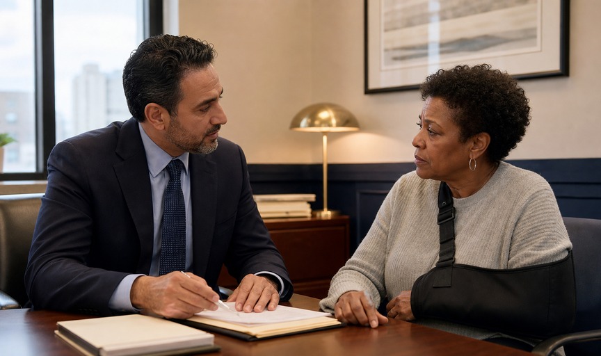 Attorney speaking with an injured client in a city law office.
