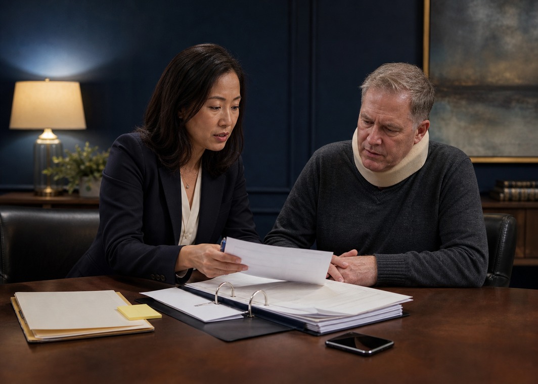 Attorney reviewing accident claim documents with a client.