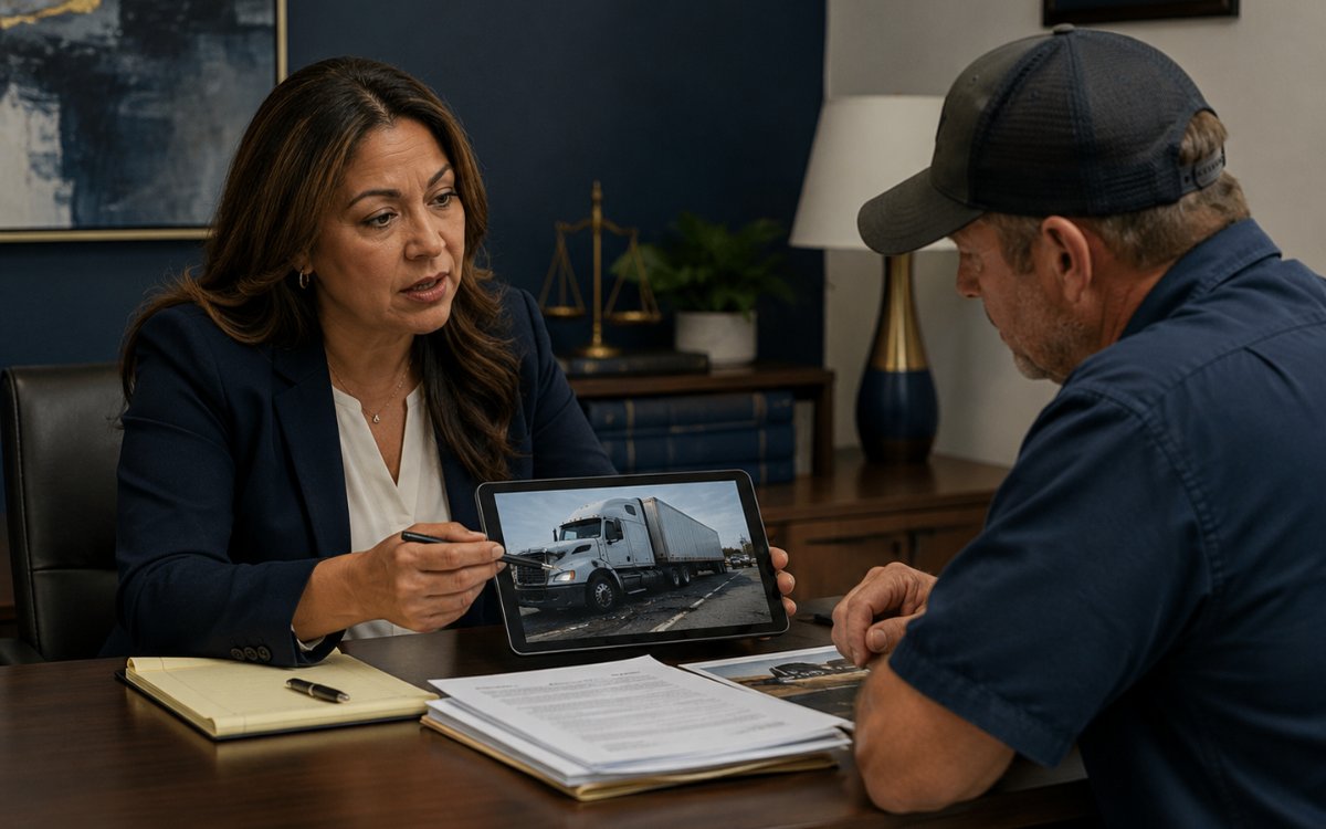 Attorney reviewing a truck accident claim with an injured client in the Tampa office.