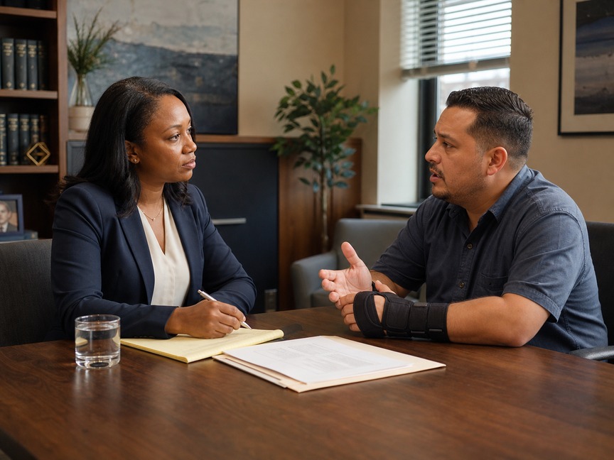 Attorney listening to an injured client during a consultation.
