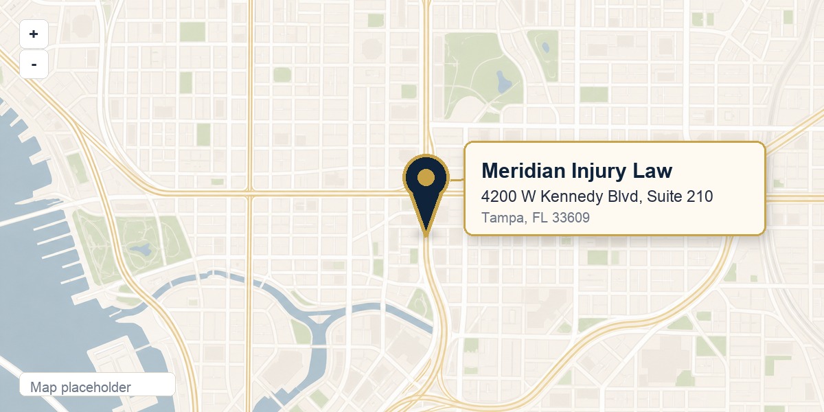 Map showing the Meridian Injury Law office at 4200 W Kennedy Blvd, Suite 210, Tampa, Florida