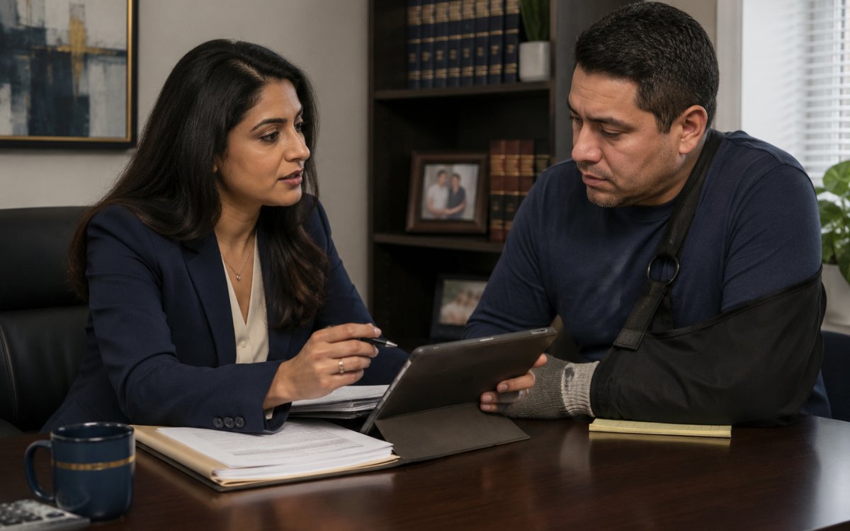 Attorney reviewing a workplace injury claim with an injured worker in the Tampa office.